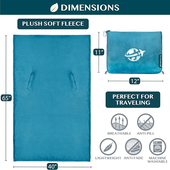 PAVILIA Travel Blanket and Pillow, Arms Opening Airplane Blankets for Adults, Compact Plane Blanket with Arm Hole 2-in-1 Bag for Flight Car Camping Fit in Luggage Backpack Traveler Gift, Teal Blue