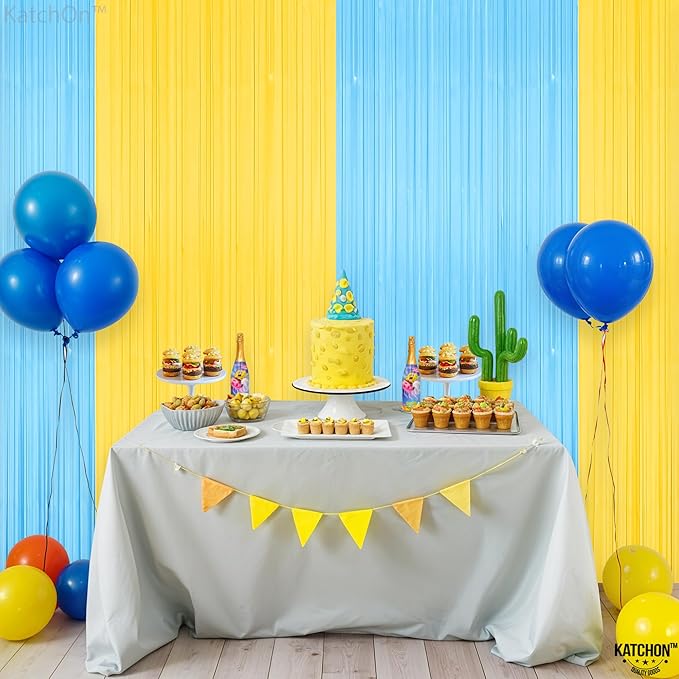 Katchon, Light Blue and Yellow Fringe Backdrop - Feet, Pack of 2 | Blue and Yellow Birthday Decorations, Easter Backdrop Curtain | Sponge Party Decorations, Baby Shower Decorations for Home