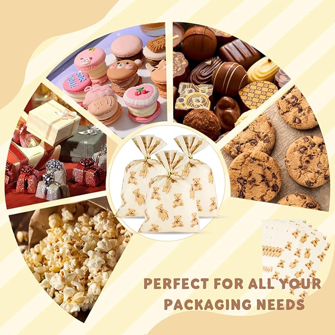 Docvania Bear Cellophane Treat Bags Plastic Gift Bag 100 pcs 5 X 7 Bear Cookie Bags with Ties Goodie Candy Bag Suitable for Mother's Day, Valentine's Day, and Holiday Parties