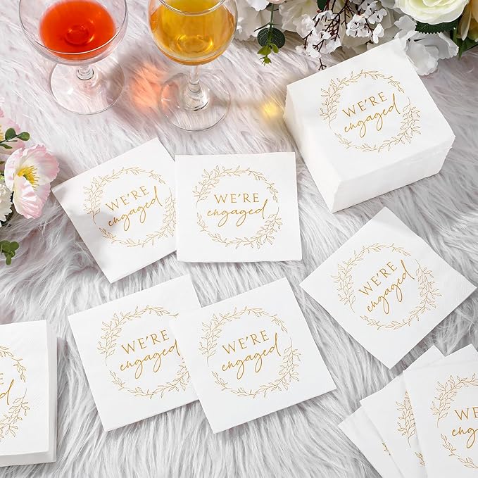 Kosiz 200 Pack We're Engaged Napkins Gift 3 Ply Disposable Paper Engagement Cocktail Napkins for Wedding Party Beverage Dinners Cake Tableware Decorations, 4.5 x 4.5 Inch