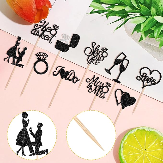 30 PCS He Asked She Said Yes Cupcake Toppers Glitter Engagement Cupcake Toppers Miss to Mrs I Do Love Heart Ring Miss to Mrs Cupcake Picks for Wedding Engagement Party Cake Decorations Supplies Black