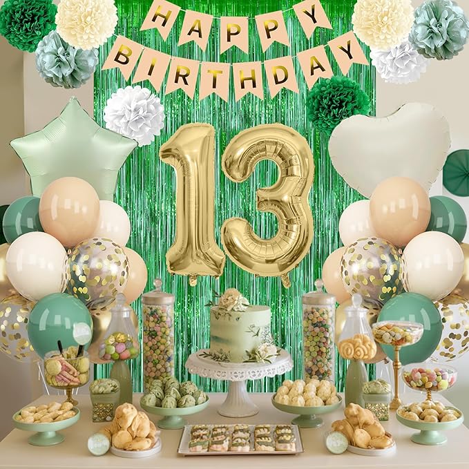 Sage Green 13th Birthday Decorations for Boys Girls Gold Number 13 Balloon Nude Gold Happy Birthday Banner Fringe Curtain Paper Pom Poms Olive Green Cream White Sand Star Foil Balloons Party Decor
