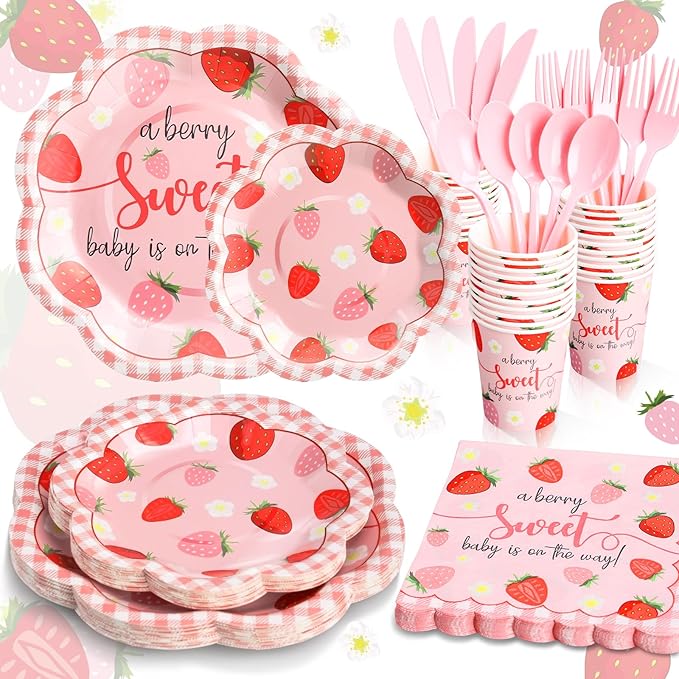 Strawberry Baby Shower Decorations for Girl, Berry Sweet Baby Shower Plates and Cups and Napkins Sets Serves 24, Strawberry Plates, A Berry Sweet Baby Is On The Way Decorations, Girl