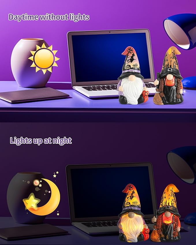 Halloween Gnomes and Witch Figurines - 2Pack Lights Up Fall Gnome Ornaments - 4.5'' Resin Indoor Halloween Decor for Women (Gnomes)
