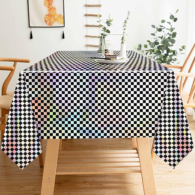 2 Pack Black and Iridescent Checkered Tablecloth Shiny Disposable Holographic Foil Table Cloth Plastic Laser Rectangle Table Cover for Picnic Birthday Party Race Car Tablecloth
