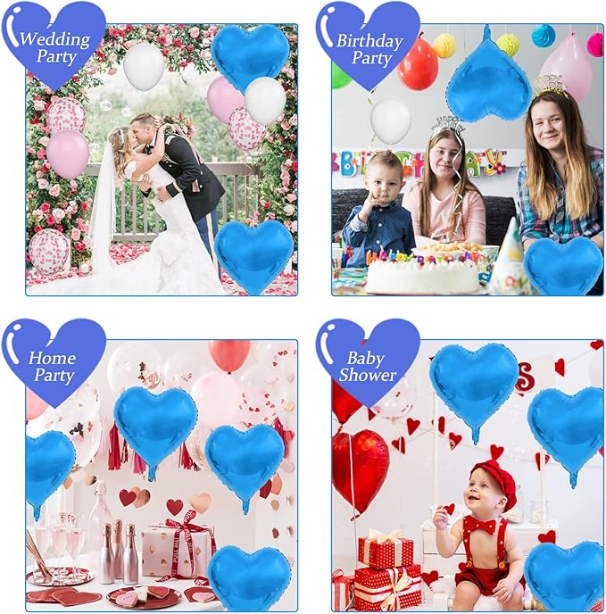 Blue Foil Heart Balloons, 10PCS 18inch Love Shape for Helium Birthday Party Decorations, Boys Men, Baby Shower, Valentines, Wedding, Anniversary