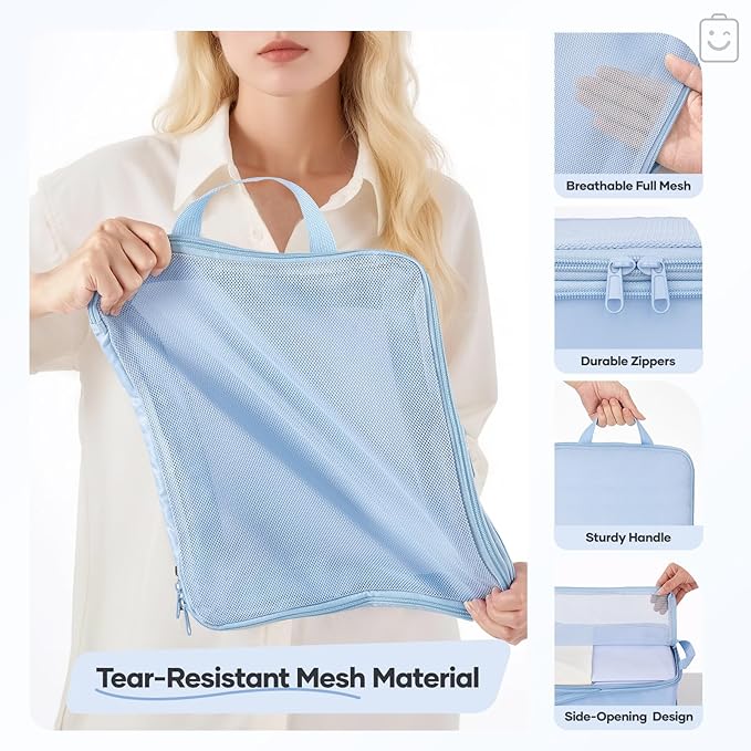 Veken 9/11 Set Compression Packing Cubes for Travel Essentials,Compressible Expandable Large Luggage Suitcase Organizer Bags for Clothing,Durable Space Saver Storage Bags(Light Blue)