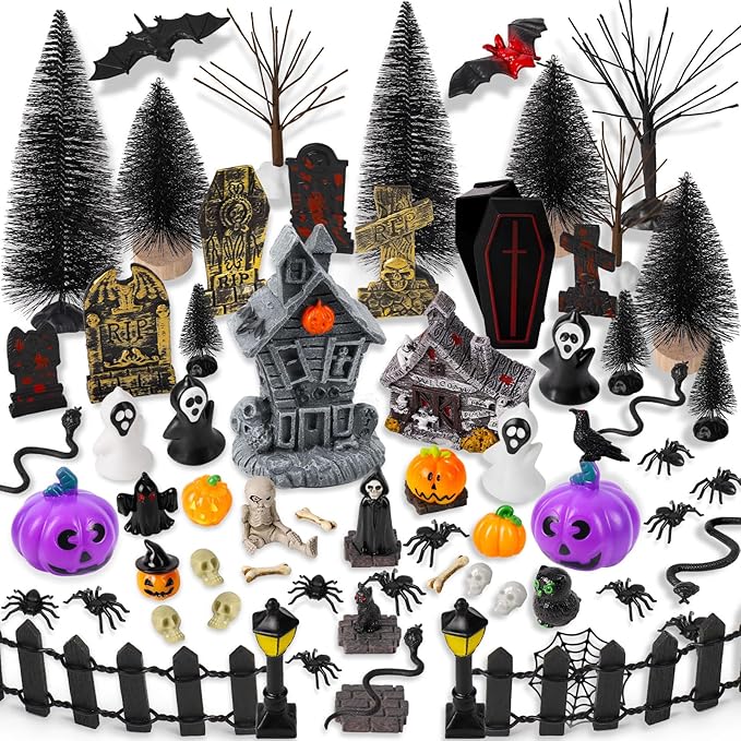 88 PCS Halloween Village Accessories Set Halloween Haunted Houses Village Miniatures Ornaments with Pumpkins Ghost Tombstones Tree Fake Spiders Fence Streetlamp Figurines for Party Home Table Decor
