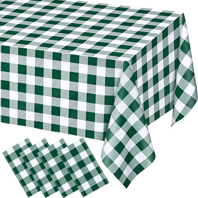 WNINK 4 Pack Green and White Checkered Rectangular Plastic Tablecloths, Green Gingham Waterproof Disposable Table Covers 54" x 108" for Birthday, Wedding, Outdoor Picnic Camping Parties