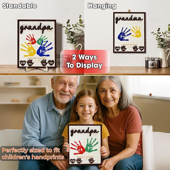 10" Hands Down Best Grandpa Ever DIY Handprint Kids Frame with Paints, Car Picture Holder, Photo Ornament, Fridge Magnet, Art Craft Family Keepsake Birthday Gift Father's Day for Pops, Papa HF610