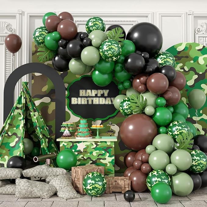 Camouflage Balloon Arch Kit,Camo Drak Green Avocado Green Black Balloons for Boys Kids Soldier Birthday Hunting Party Camping Jungle Safari Theme Baby Shower Party Decorations