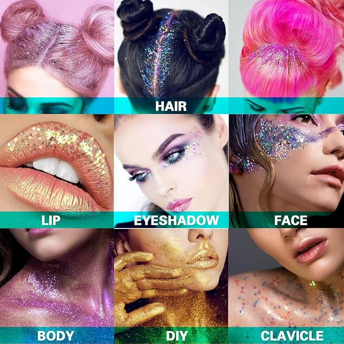 MEICOLY Silver Body Glitter,Chunky Silver Face Hair Mardi Gras Glitter,Halloween Silver Glitter Makeup,Sparkle Face Paint for Women and Kids,Music Festival Party Outfits for Women Accessories