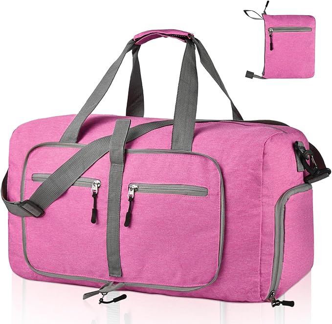Dimayar 65L Travel Duffle Bag for Men Women - Foldable Duffel Bag with Shoes Compartment - Overnight Bags Waterproof & Tear Resistant(Rouge Pink)