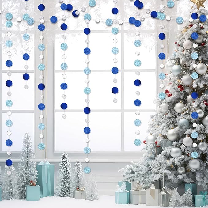 Outus 10 Pieces Silver Round Dots Garland Easter Graduation Party Hanging Decor Each Length 13.1ft Glitter Paper Dot Streamers for Birthday Wedding Classroom (Blue)
