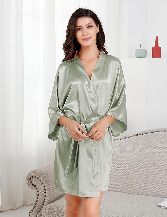 EPLAZA Women's One Size Silver Rhinestones Bride Bridesmaid Short Satin Robes for Wedding Party Getting Ready