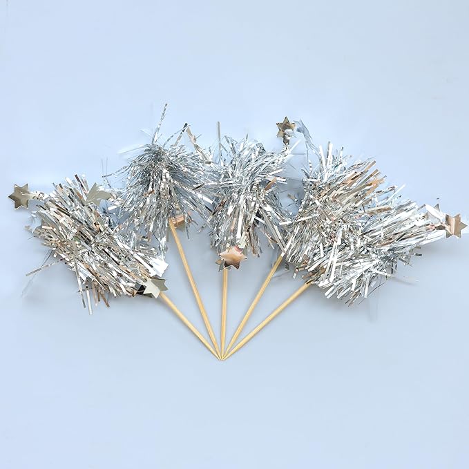 Gyufise 30Pcs Foil Firework Cupcake Toppers Sparkle Tinsel Star Cake Toppers Tinsel Drink Cake Decoration Cocktail Picks for Birthday Wedding Graduation Party Supplies Silver