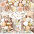 Beige Brown Birthday Decorations for Women, Gold Neutral Cream Sand White Party Balloon Kit with Boho Happy Birthday Banner Fringe Curtain Background Pom Pom Cake Topper for Boy Girl Men Bday Supplies