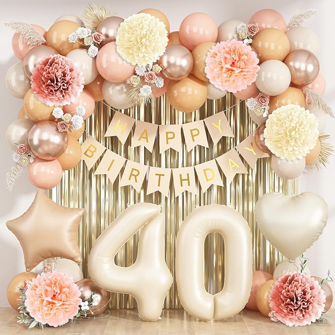 Beige 40th Birthday Decorations for Women Cream Number 40 Balloon Nude Gold Happy Birthday Banner Fringe Curtain Paper Pom Poms Blush White Sand Champagne Star Foil Balloons Neutral Boho Party Decor