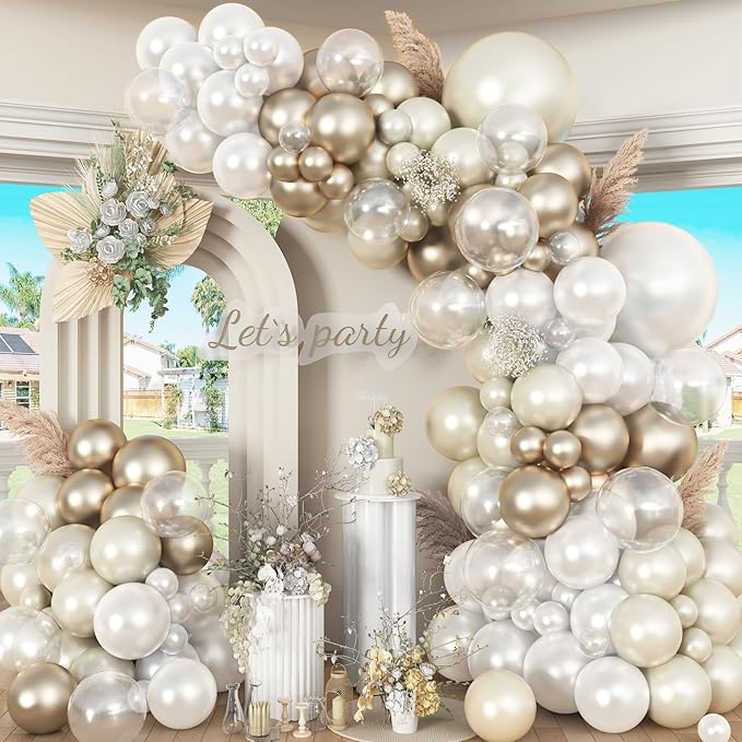 Pearl White Sand Metallic Light Gold Balloons Garland Arch Kit as Engagement Bridal shower Party Decorations, 18/12/10/5 in Different Size Pearl Cream White Clear Lvory Champagne Balloon for Wedding