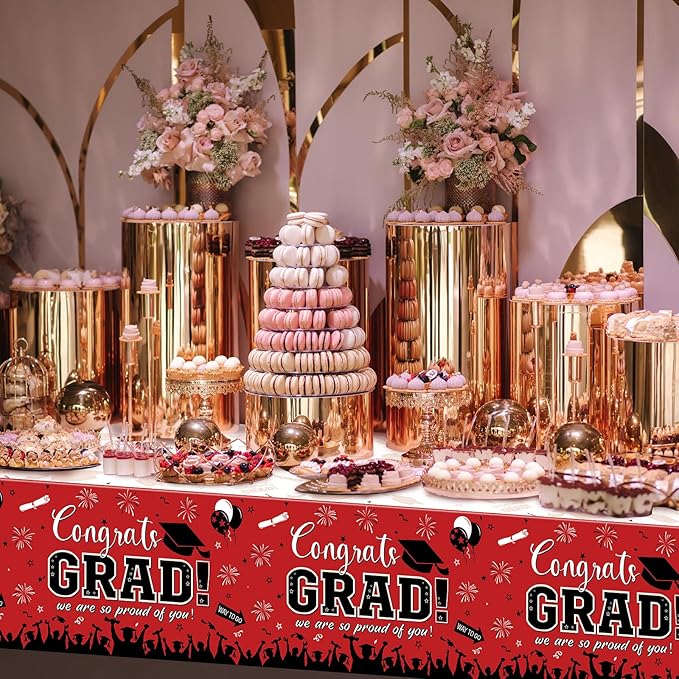 3 Pack Graduation Tablecloth Party Decorations, Class of 2026 Congrats Grad Plastic Tablecover Party Supplies, Red Rectangle Graduation Table Decorations for College High School Party, 54 x 108 Inch