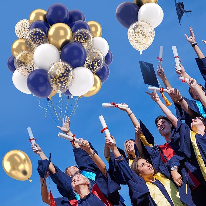 Patimate Navy Blue Gold Balloons Set, 50 pcs 12 inch Metallic Gold Navy Blue White Confetti Latex Balloons Kit for Birthday Baby Shower Graduation Party Decorations