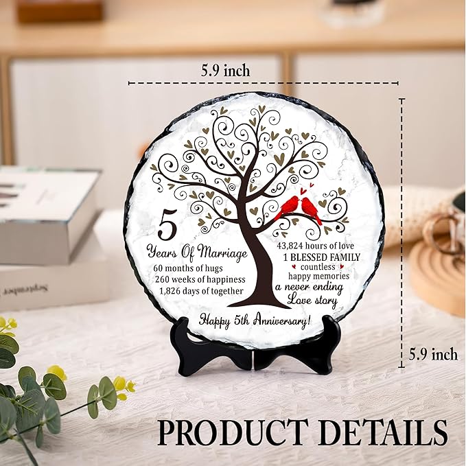 Wood Anniversary Slate Plate – 5th Wedding Gifts for Parents & Couples – Unique 5th Anniversary Wedding Gift Ideas – 5 Years of Marriage Decoration, Keepsake, Slate