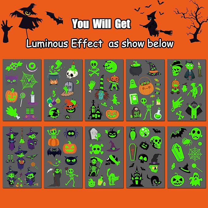 JCFIRE Glow Halloween Party Supplies, Halloween Temporary Tattoos for Kids Party Favors, Birthday Party Decorations Activities Games Accessories, Goodie Bags Fillers