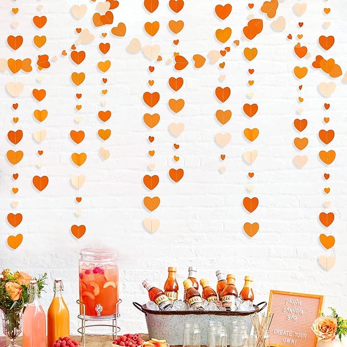 Orange Party Decorations Gradient Orange Heart Garland Hanging Paper Streamer for Fall Autumn Valentines Day Wedding Bridal Shower Birthday Baby Shower Engagement Thanksgiving Harvest Party Supplies