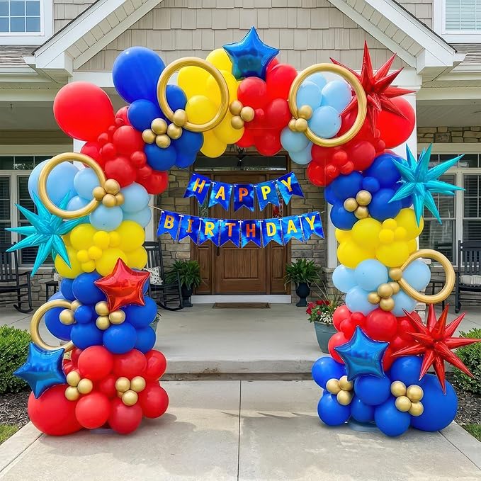 Super Hero Hedgehog Theme party decorations with 107Pcs Red Blue Yellow Gold Balloon Garland Arch Kit foil lightning Star balloons birthday banner for kids cartoon themed Baby Shower decor