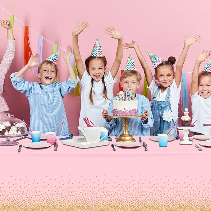 FunnyPars 4 Pack Pink and Gold Plastic Tablecloth for Parties, Pink Disposable Table Cloth for Rectangle Tables, Gold Dot Confetti Light Pink Tablecloth for Birthday Wedding Baby Shower Party, 54x108