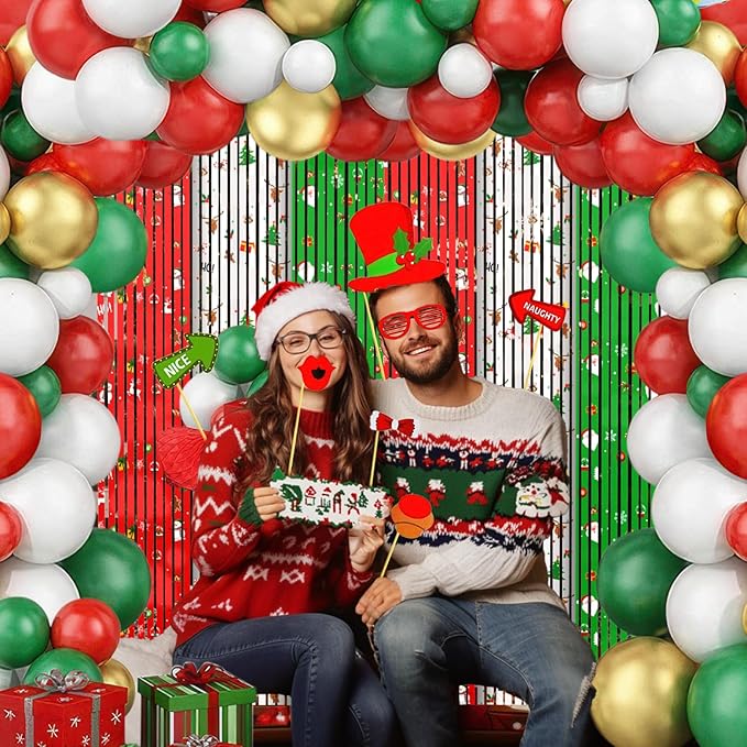 MEHOFOND 164pcs Merry Christmas Party Decorations Set, Christmas Foil Fringe Curtains, Red Green Gold Balloons Arch Garland Favors for Kids Adults Friends Ugly Sweater Party Props for Photo Supplies
