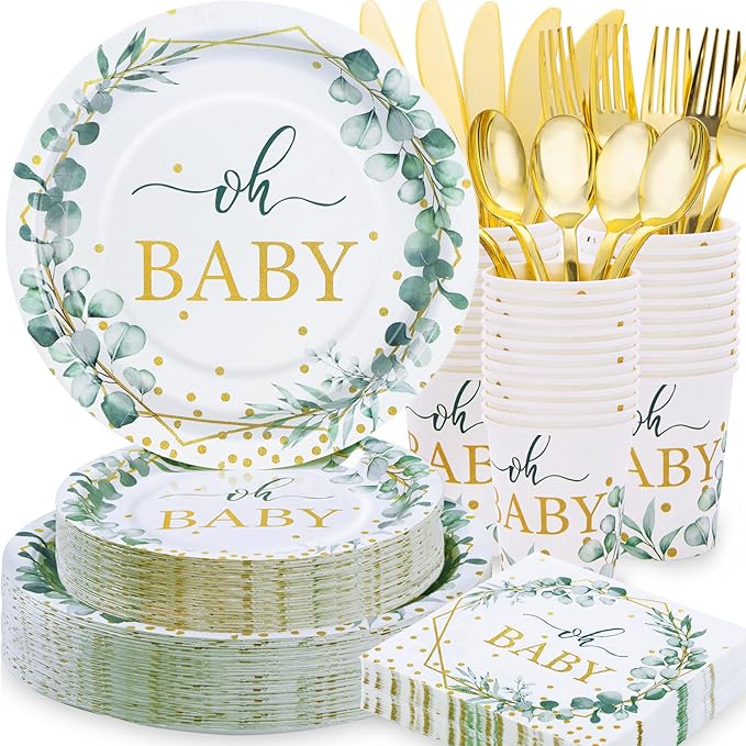 350 Pcs Sage Green Baby Shower Decorations, Baby Shower Plates and Cups and Napkins Sets Serves 50, Oh Baby Plates with Gold Dots for Boho Baby Girl Boy Neutral