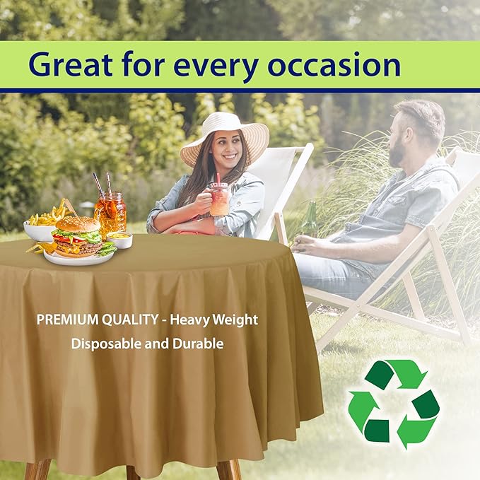 Party Dimensions Gold Disposable Plastic Tablecloth for Round Tables (12 Pack) 84 inches Table Cloths for Parties, Events & Weddings, Indoors & Outdoors, Plastic Table Cover