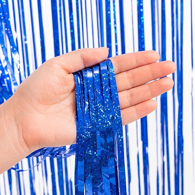 BRAVESHINE Blue Tinsel Foil Fringe Curtains - 2Pcs 3.2x8.2 ft Metallic Holidays Photo Backdrop for Boys Men Birthdays Homecoming Bachelor Bachelorette Engagement Sea Theme Ramadan Party Decorations