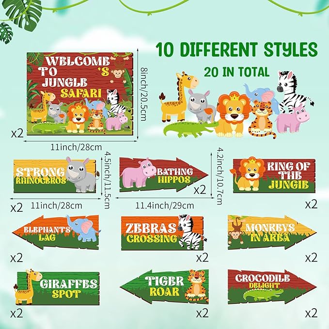 Hooqict 20 Pieces Safari Party Sign for Welcome to Jungle Safari Theme Party Decorations Directional Signs Classroom Wild Animal Birthday Party Decorations Zoo Party Supplies