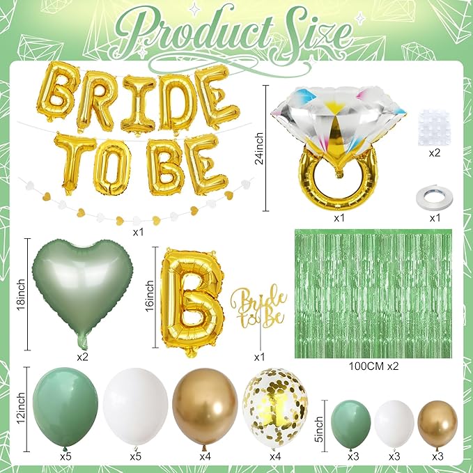 Sage Green Bachelorette Party Decorations, Bride To Be Helium Mylar Foil Letter Balloons with White Gold Camp Latex Balloons and for Bridal Shower Decoration Engagement Hen Wedding Party Decor