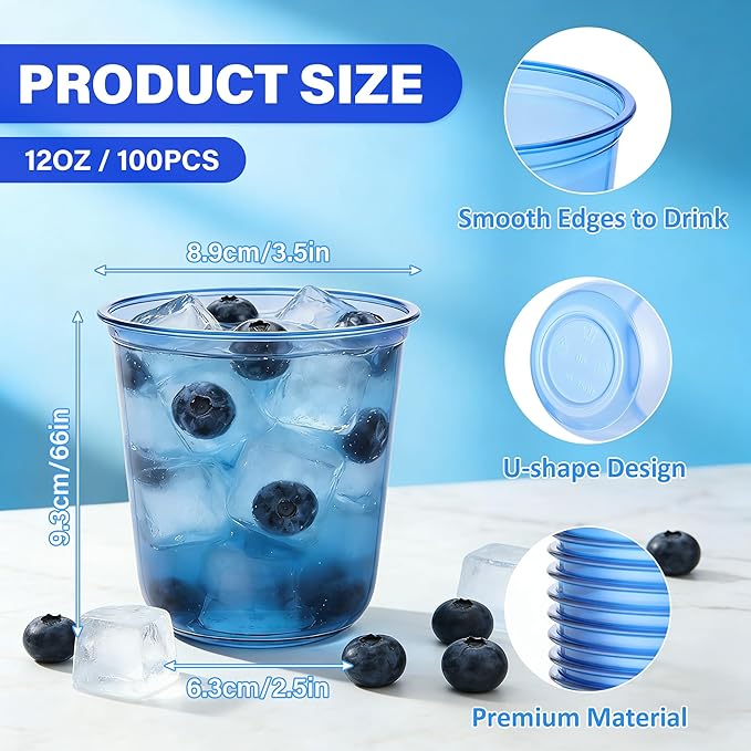 KesaPlan 100 Pcs Blue Plastic Cups, 12oz Disposable Stemless Wine Glasses for Cocktail Clear Wine Cups Cocktail Glasses Blue Party Cup for Wedding Birthday Meeting Christmas Party