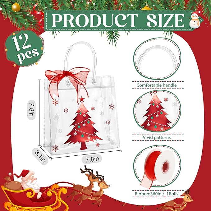 Henoyso 12 Pcs Christmas Clear Gift Bags Plastic Candy Treat Goodie Bags Red Foil Santa PVC Wrap Totes with Handles and Ribbon Xmas Party Favors (Snowman and Christmas Tree,7.8 x 7.8 x 3.1 Inch)