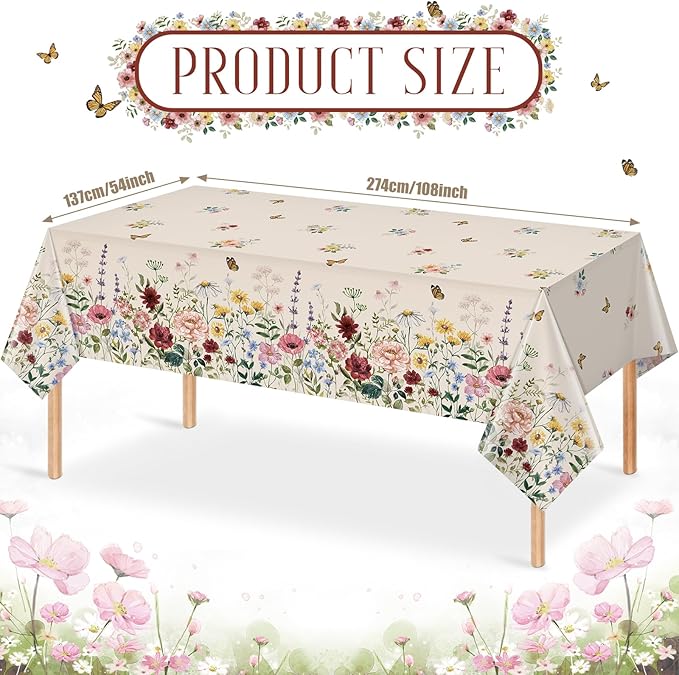24 Pcs Spring Floral Tablecloth, Butterfly Wildflower Plastic Disposable Tablecloth Rectangle Table Covers for Easter, Birthday, Wedding, Mothers Day Tea Party Supplies and Decorations,54 x 108 Inch