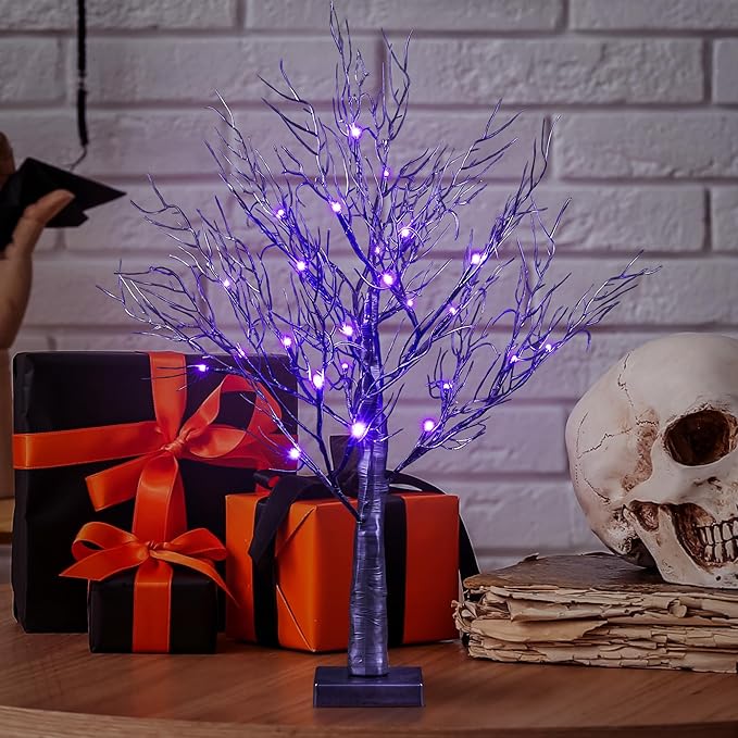 LIGHTSHARE 26IN Halloween Willow Bonsai 20LED Lights Artificial Black Spooky Tree Purple for Home, Festival, Nativity, Party, and Christmas Decoration, Plug in or Battery