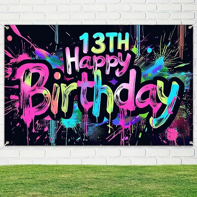 Neon 13th Happy Birthday Banner 71x43 Inch Paint Splatter Glow in The Dark Party Backdrop Colorful Wall Decor for Teens Boys Girls Thirteenth Birthday Celebrations Props Event Supplies
