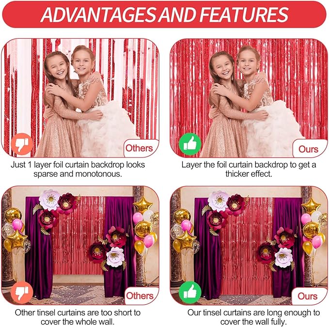 Crosize 2 Pack 3.3 x 9.9 ft Red Foil Fringe Curtains Party Decorations, Red Tinsel Curtain Backdrop for Valentine‘s Day Parties, Door Streamers, Glitter Streamer Fringe Backdrop for Birthday