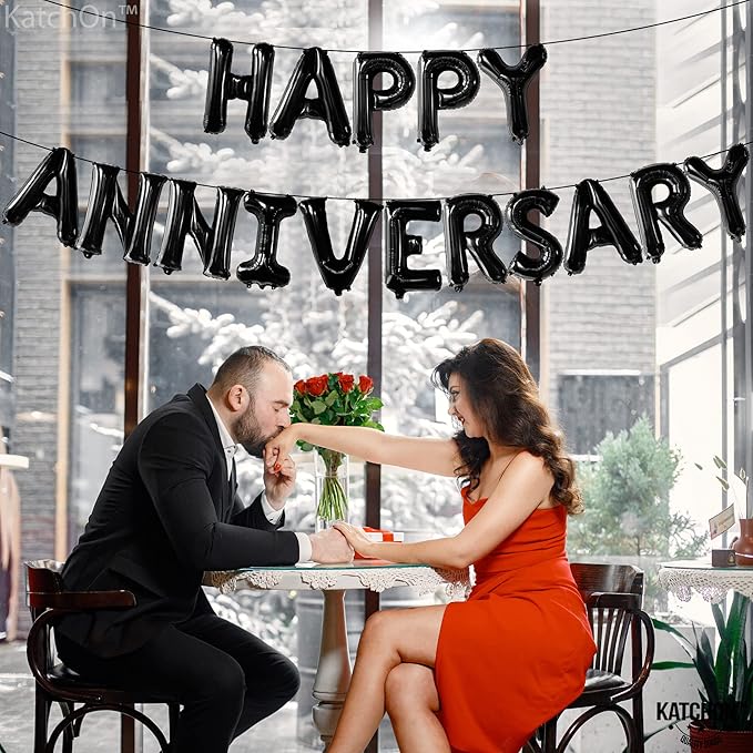 KatchOn, Happy Anniversary Balloons Black - 16 Inch | Black Happy Anniversary Banner Decorations | Backdrop | Balloon Banner