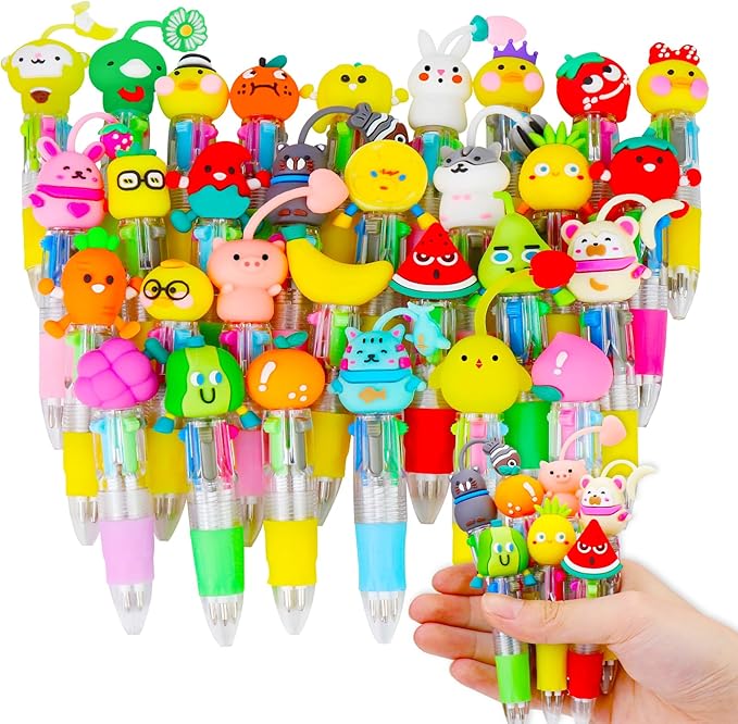 CZWZ 30Pcs Mini Multicolor Pens in One 4-in-1 Cute Pens Bulk for Kids, Ballpoint Pen for Birthdays and Children's Parties, Fun Gifts Assorted Ink Kawaii Pen(Fruits and Animals)