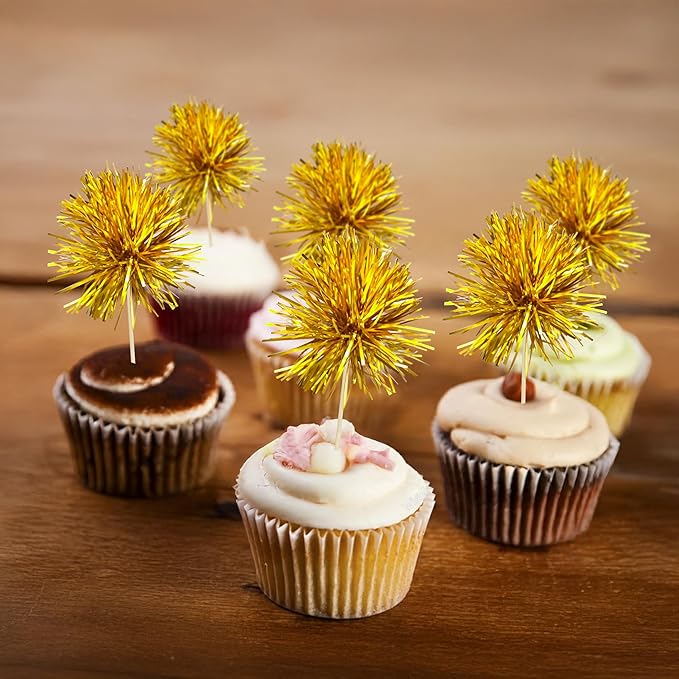 Gyufise 30Pcs Foil Firework Cupcake Toppers Sparkle Tinsel Cake Toppers Tinsel Drink Cake Decoration Cocktail Picks for Birthday Wedding Graduation Party Supplies Dark Gold