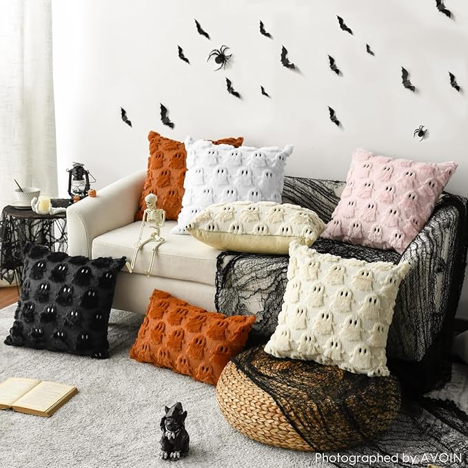 AVOIN colorlife Halloween Ghost White Throw Pillow Cover Set of 2, 12 x 20 Inch Soft Plush Faux Fur Jacquard Spooky Cushion Case Decoration for Sofa Couch