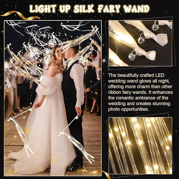 100 Pcs Wedding Wands Ribbon with 3 Colorful Flashing Modes, Light up LED Silk Fairy Wands, Glow Lace Stick with Bells for Wedding Reception, Graduation, New Year, Birthday Party (Warm White)