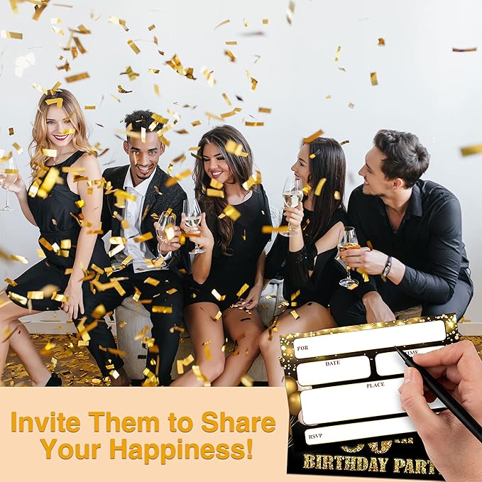 YSTEP 80th Birthday Party Invitations, 20 Black Gold Invite Cards with Envelopes, 4"x6" Foil Balloon Birthday Invites - B15