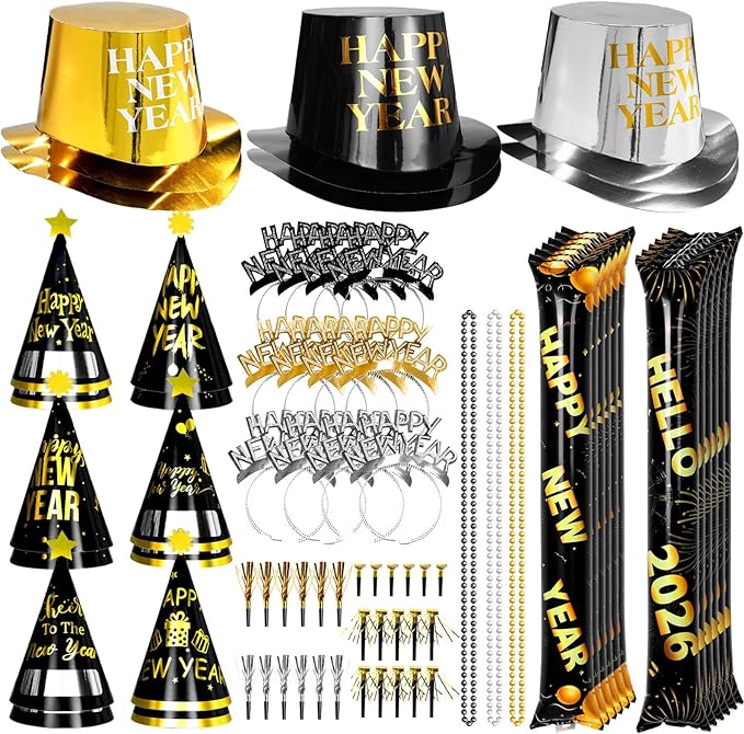 New Years Eve Party Supplies 2026 94PCS Happy New Years Decoration Hats Headband for 2026 Party Props Festival Decorations Count Down NYE Party Supplies Favors (Black Gold -1)