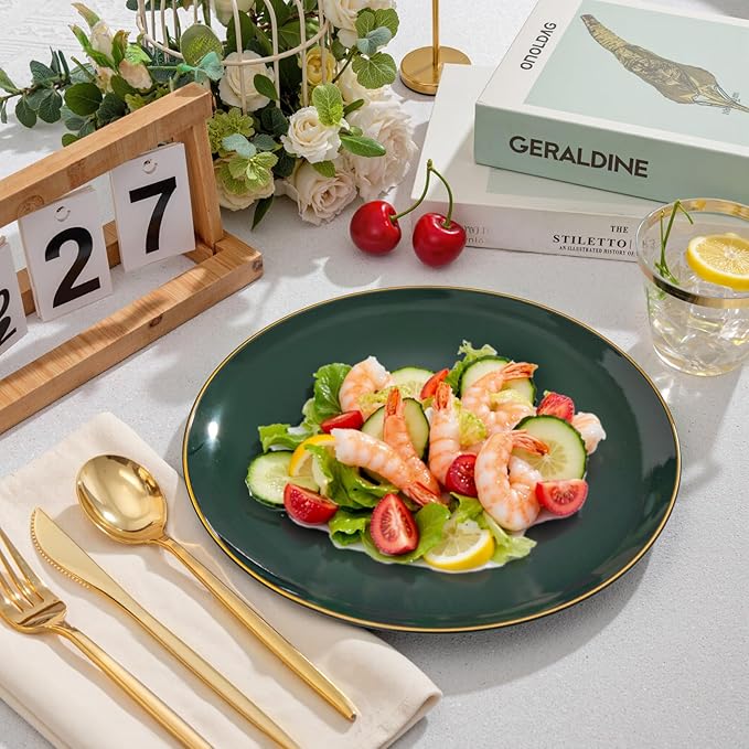 bUCLA 150PCS Green Plastic Plates - Green and Gold Disposable Include 25 Each (Dinner & Dessert) Plates, 25 Knives, 25 Forks, 25 Spoons and 25 Cups, Ideal for Party&Christmas